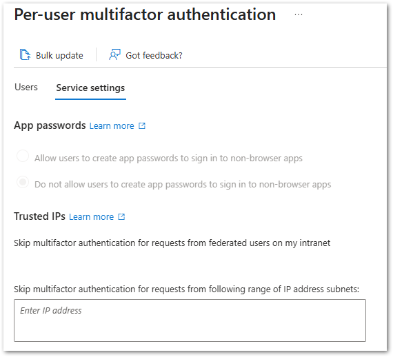 Legacy MFA Methods Other Settings